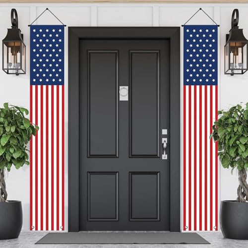 Image of 4th of July Decorations - Hanging American Flag Banners Patriotic Porch Sign for Memorial Day, Independence Day Party Supplies - Weatherproof Stars and Stripes Red White Blue (2 Pcs)