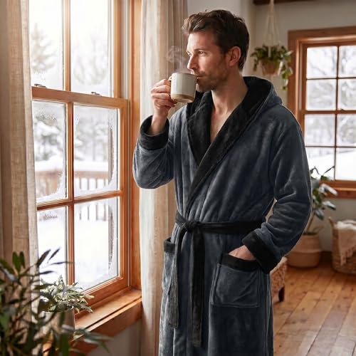 Image of U2SKIIN Mens Hooded Robe, Plush Robes for Men Long Fleece Bathrobe