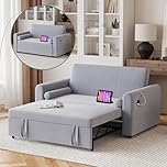 2 Seater Sofa Bed, 3-in-1 Convertible Linen Sleeper Double Sofa Bed with Storage Pockets, USB & Type-C Ports and 3-Position Adjustable Backrest, Pull Out Couch Bed for Living Room, Bedroom, Grey