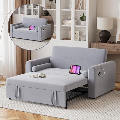 Hello-5ive 2 Seater Sofa Bed, 3 in 1 Convertible Corner Sofa Bed with USB & Type-C Ports, 190cm Pull Out Linen Double Sleeper Chair with Pocket and Adjustable Backrest for Living Room, Light Grey