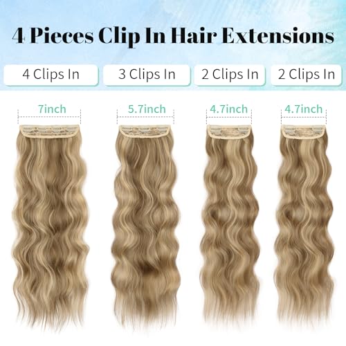 Image of KooKaStyle Wavy Clip in Hair Extensions 24 inch Light Brown mix Golden Blonde | 4 Pieces Clip in Extensions,Fiber Double Weft Hairpieces,Natural Volume,Beach Wave Long Synthetic Hairpieces for Women