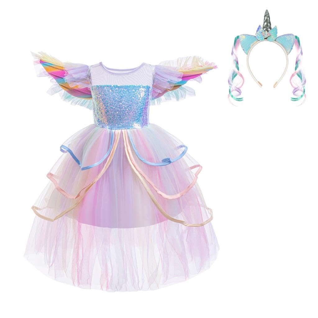 Lito Angels Robe De Princesse Licorne Enfant – Tulle Arc-en-Ciel Avec Bandeau Corne, Tailles 2-10 Ans, Bleu