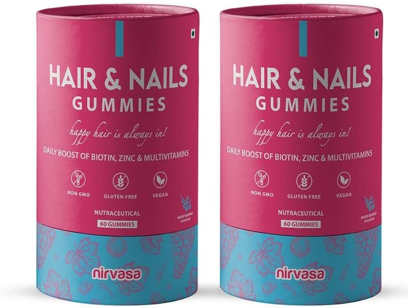 Nirvasa Hair & Nail Gummies with Biotin | Helps Keep Hair, Nail, Skin Healthy & Nourished | Ideal Supplement for Men & Women | Sugar-Free I Mixed Berries Flavoured – 60 Gummies Set of 2 Nirvasa Hair & Nail Gummies with Biotin | Helps Keep Hair, Nail, Skin Healthy & Nourished | Ideal Supplement for Men & Women | Sugar-Free I Mixed Berries Flavoured – 60 Gummies Set of 2