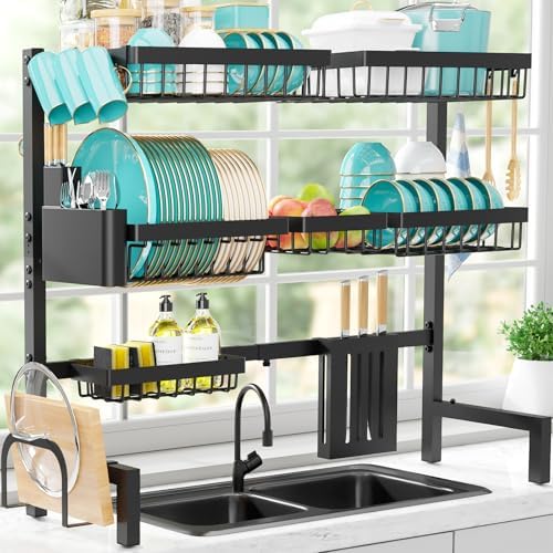 Dish Drying Rack Over The Sink - XX-Large Capacity Stainless Steel Dish Drainer, Multifunctional Kitchen Organizer, Black, 12