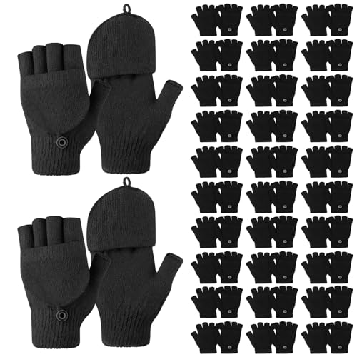 Zhehao 30 Pairs Winter Fingerless Gloves Warm Knitted Convertible Mittens Flap with Buttoned Thumb Cover for Women and Man (Black)