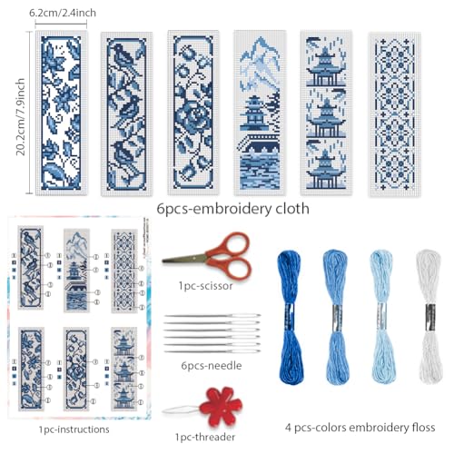 Image of BEUNITONE Cross Stitch Bookmark Kit 6 Pcs Watercolor DIY Bookmarks Cross Stitch Kits for Beginners Birds Flower Stamped Embroidery Bookmark with Landscape Patterns Craft Kit for Gifts 8''x2.4''