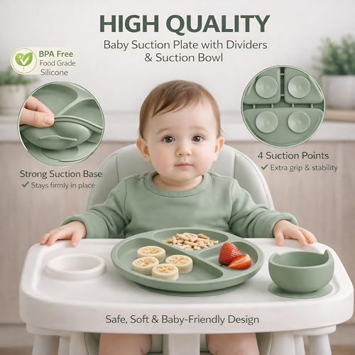 Image of 10 Pcs Silicone Baby Feeding Set for Toddlers 6+ Months | Baby Led Weaning Self Feeding Kit | Suction Plate & Bowl, Bib, Cup, Spoon & Fork, Fruit Feeder, Finger Brush | FDA | Ebook (Green,)