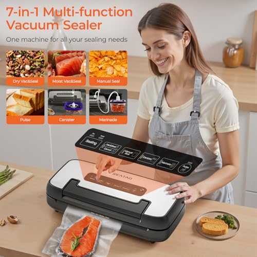 SEATAO Vacuum Sealer Machine for Food, 80Kpa Powerful Food Sealer Vacuum Sealer for Dry/Moist, 7-in-1 Seal a Meal for Sous Vide, Easy-Lock Handle, Built-in Cutter & Bag Storage, Removable Drip Tray