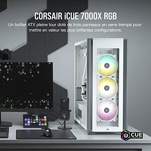 Corsair iCUE 7000X RGB Boîtier Intelligent PC ATX Grande Tour (Trois Panneaux en Verre Trempé, Quatre Ventilateurs RGB de 140 mm Inclus, Gestion des Câbles Facilement, Vaste Espace Interne Blanc