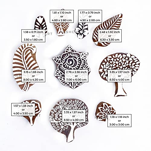 Image of Hashcart | Set of 10 | Handcarved Tree Shape Wooden Block Stamps for Block Printing, Fabric Textile Project Designing Scrapbooking Clay Pottery Craft Tattoo