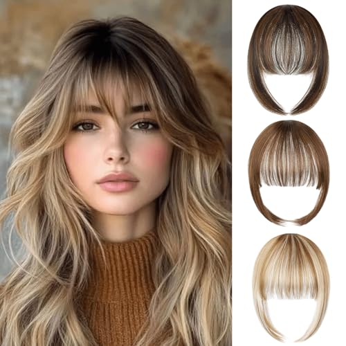 VAVANGA French Bangs Clip in, Blonde Highlight with Brown Wispy Bangs Natural Hair Fringe with Temples Hairpieces Thick Fake French Bang for Women with Thinning Hair - #27H613