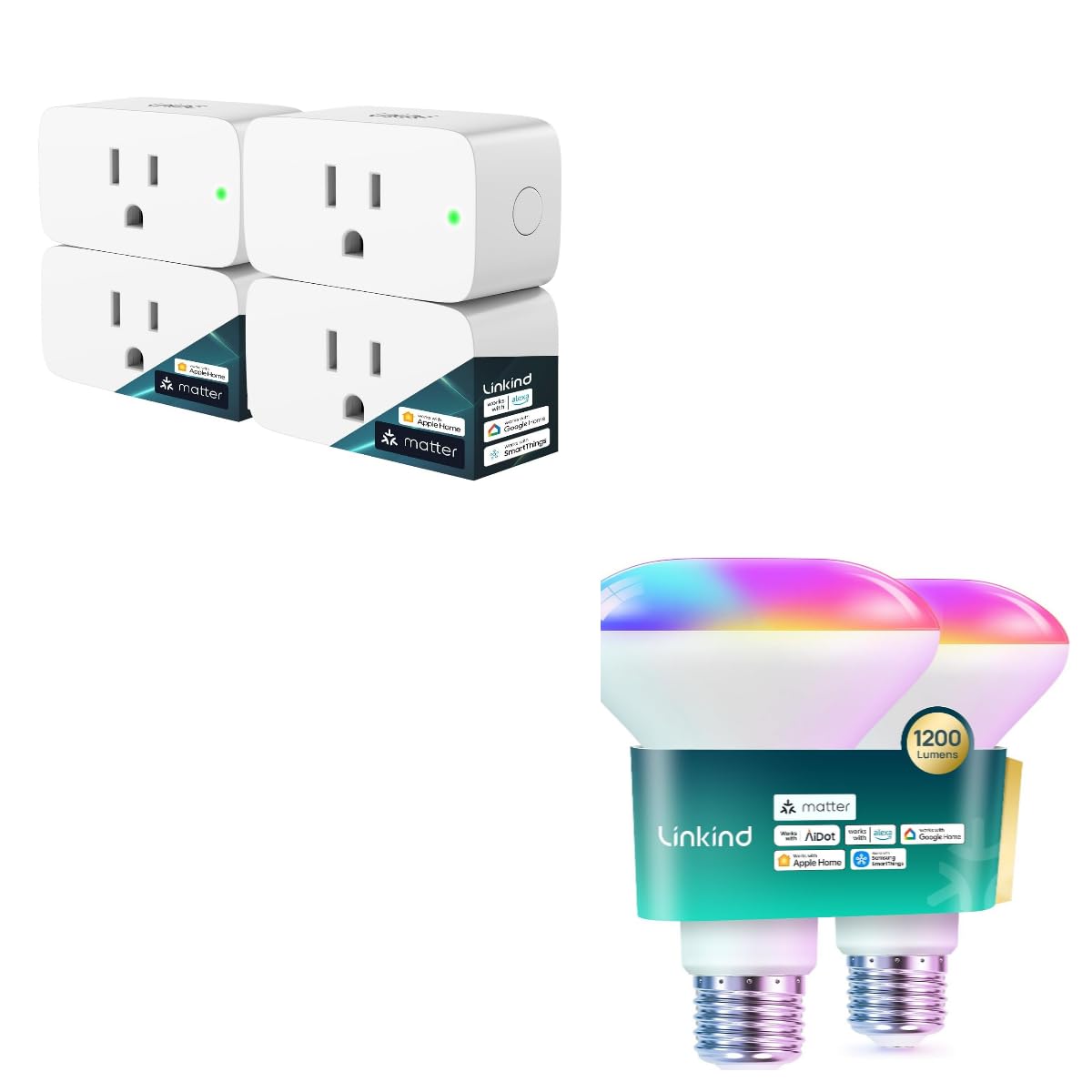 Matter BR30 Smart Light Bulb 1200LM Smart Flood Light Bulbs 2Pack & Matter Smart Plug 4Pack, Work with Apple Home, Siri, Alexa, Google Home, SmartThings