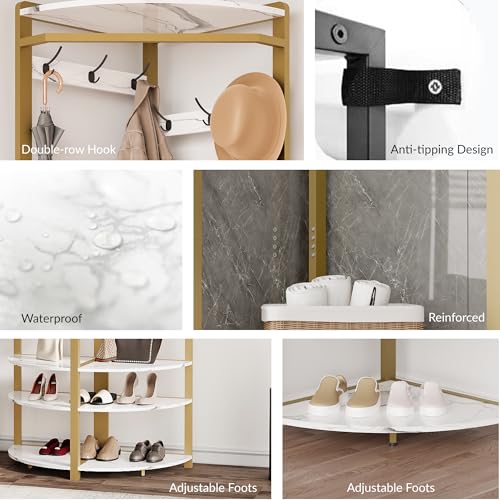 GarveeHome Corner Coat Rack with Shoe Bench Entryway, Corner Hall Tree with 6 Double Hooks, Corner Clothes Rack with Storage Corner Tree with Organizer Shoe Bench Shelf for Entryway, Hallway, Closet
