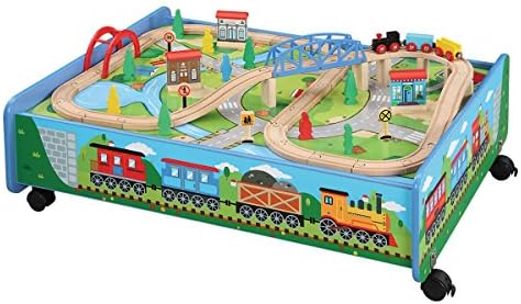 maxim enterprise, inc. 62 Piece Wooden Train Set with Play Table - Fun Toy Railway for Boys, Girls Over/Under Bridge, Engine, tracks, 2 Cars, Houses, Trees, People, Signs. Compatible with Major Brands