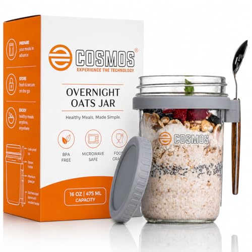 Image of E-COSMOS Overnight Oats Glass Jars with Lids and Spoons, 16 oz Large Airtight Cereal Containers, Portable Mason Jars for Yogurt, Fruit, and Meal Prep, Multicolor (350 ml)