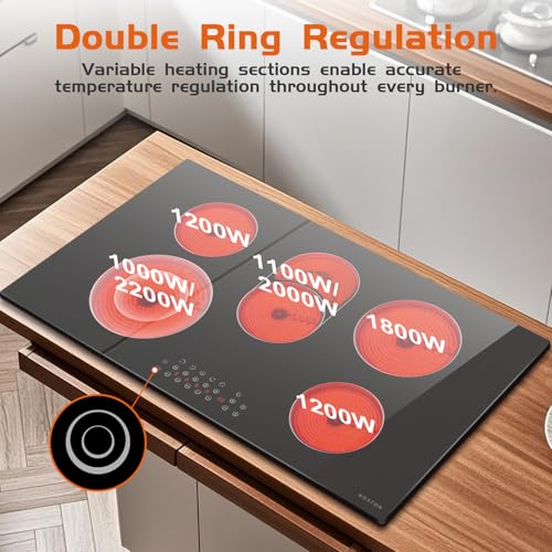Image of Noxton 36 Inch Electric Cooktop 5 Burner Electric Stove Top, Built-in Radiant Ceramic Cooktop with Extended Zone, Sensor Touch Control, Child Safety Lock, Timer, Pause, 8400W 240V Hard Wire