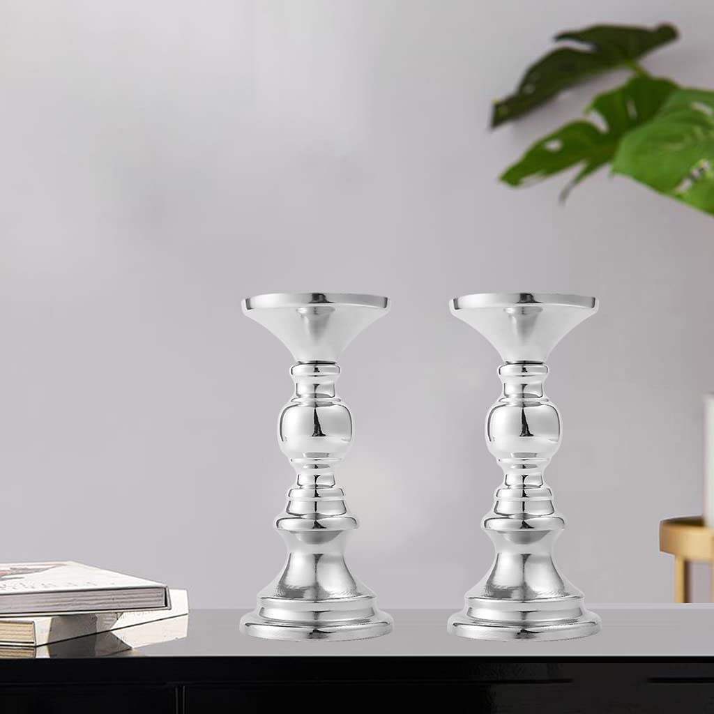 MagiDeal Vintage Kerzenständer 2er Set, Säulenkerzenhalter Tischdekoration Kerzenhalter Stumpenkerzen Adventskerzenhalter für Hochzeit Weihnachten Geburtstag Wohnzimmer - Silber
