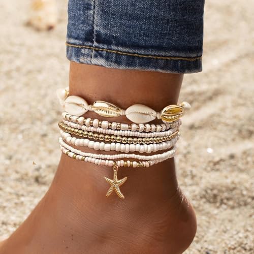 Image of Nanafast Beaded Boho Anklets for Women, Beachy Shell Anklets for Women, Puka Shell & Starfish Charms Beach Jewelry Adjustable