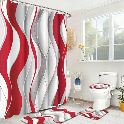 KINUUIS 4 Pcs Red and White Bathroom Sets with Shower