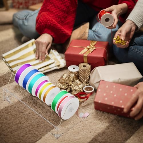 Image of Homakover Acrylic Ribbon Storage Organizer, Wall Mounted or Desk Top, 2-Layer Art Ribbon Dispenser, Holds Large Sizes, Ideal for Craft Room, Flower Shop Wrapping Paper