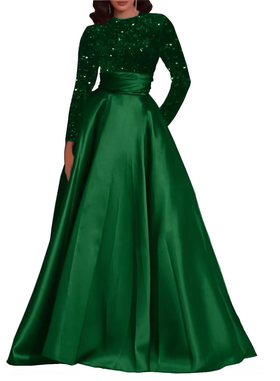 Sequin Prom Dress Satin A Line Formal Dresses for Women 2025 Crew Neck Long Evening Gown