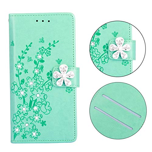 Gelusuk Samsung Galaxy J6 Case,Bling Sparkly Diamonds Flower PU Leather Flip Cover [Card Holders][Glitzer] Wallet Case Bookstyle Full Protection Phone Case for Samsung J6,Green
