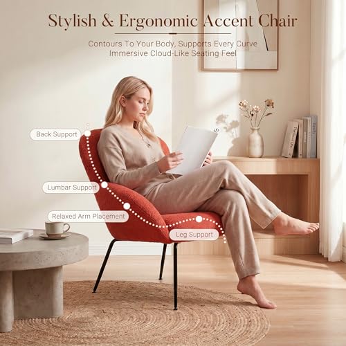 Image of Accent Chairs Set of 2 for Living Room, Boucle Fabric, Burnt Orange | Modern Accent Chair with Cloud Backrest, Soft Textured Boucle Fabric, Small Reading Chair for Sunroom, Reception Area