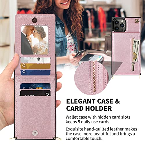 HOGGU-Crossbody-iPhone-14-Pro-Max-Case-Wallet-with-Card-Holder-Flip-Leather-iPhone-14-Pro-Max-Crossbody-Case-with-Strap-Kickstand-Zipper-Purse-Protective-Square-Phone-Cover-for-Women-Girls-Pink