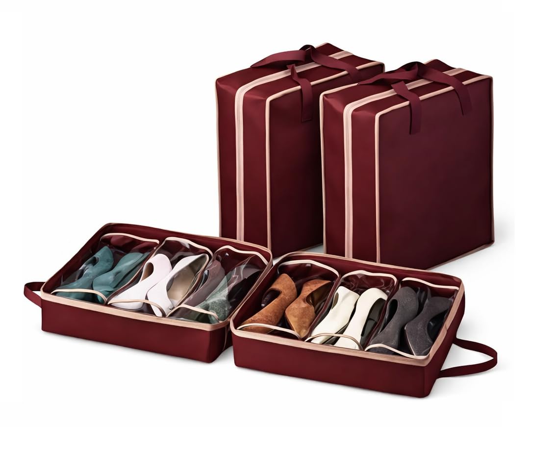 Travel Shoe Organiser Bag, 6 Pair, Maroon, Foldable with Transparent Compartments, 43 x 32 x 20 cm-image-12