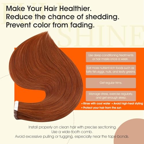 Image of Full Shine Tape in Hair Extensions Human Hair Color 550 Copper Brown Tape in Extensions 20Inch Natural Straight 100G 40Pcs for Wedding Add Volume