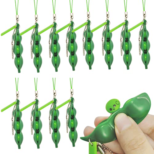 TIBDALA Pea Poppers Fidget Toy, 12 Packs Funny Facial Expressions Squeeze a Bean Pea Pods Keychain Extrusion Bean Soybean Edamame Stress Relief Fidgets Toy for Sensory Kids Adults