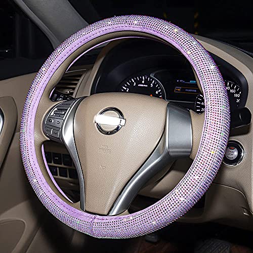 Car Fuzzy Bling Steering Wheel Cover For Women Purple, 15 Inch Universal With Colorful Diamonds Rhinestone Cute Accessories Crystal Anti-Slip Wheel Protectorer #TOP2