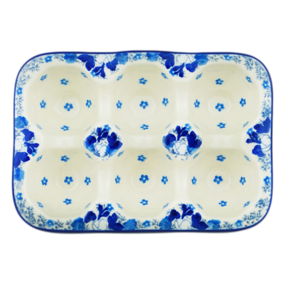 Polish Pottery 7-inch Egg Crate made by Ceramika Artystyczna (Blue Spring Theme) + Certificate of Authenticity