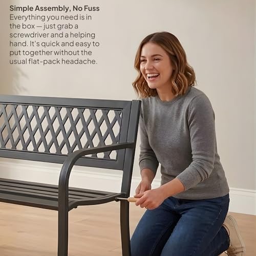 Home Source Lara Metal Garden Bench – Black, Lattice Back Design | 119W x 50D x 75H cm | 2-Seater Outdoor Bench - Image 4