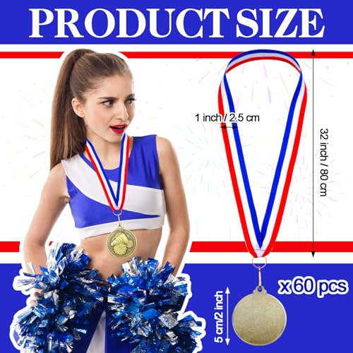Image of Remuuly 60 Pcs Gold Award Medals 2 Inch Soccer Baseball Volleyball Football Cheer Trophy Medals Metal Awards Bulk with Neck Ribbons Trophy Prize Gifts for Sports Competitions