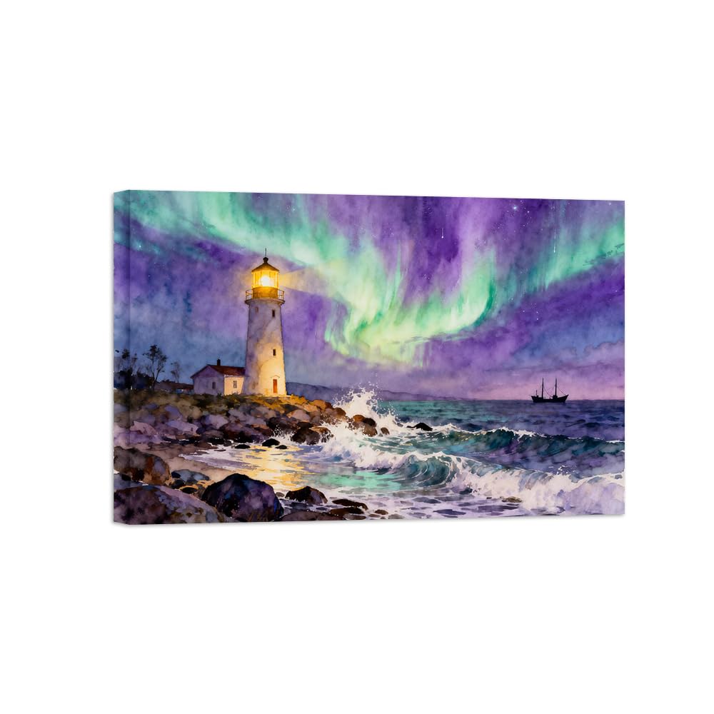 OZPWBVY Aurora Lighthouse Landscape Canvas Prints Ready to Hang 70x105cm Wrapped Canvas