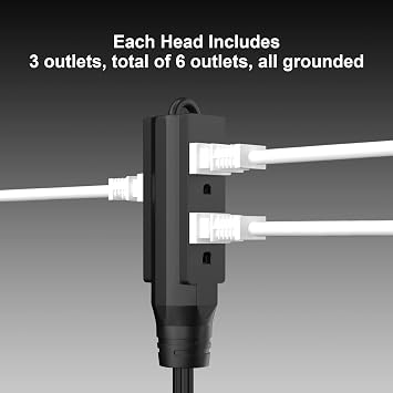 Twin Extension Cord with Multiple Outlets, 12 Ft Double Extension Cord | 6 Ft On Each Side, Flat Head (Wall Hugger) Extension Cord Power Strip for Indoor Use