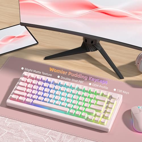 Image of Womier Double Shot PBT keycaps, Shine Through Pink Keyboard Key caps | OEM Profile Pudding Custom keycaps 75 Percent 130-key Set for 60% 65% 75% 100% Cherry Gateron MX Mechanical Keyboard-Pink