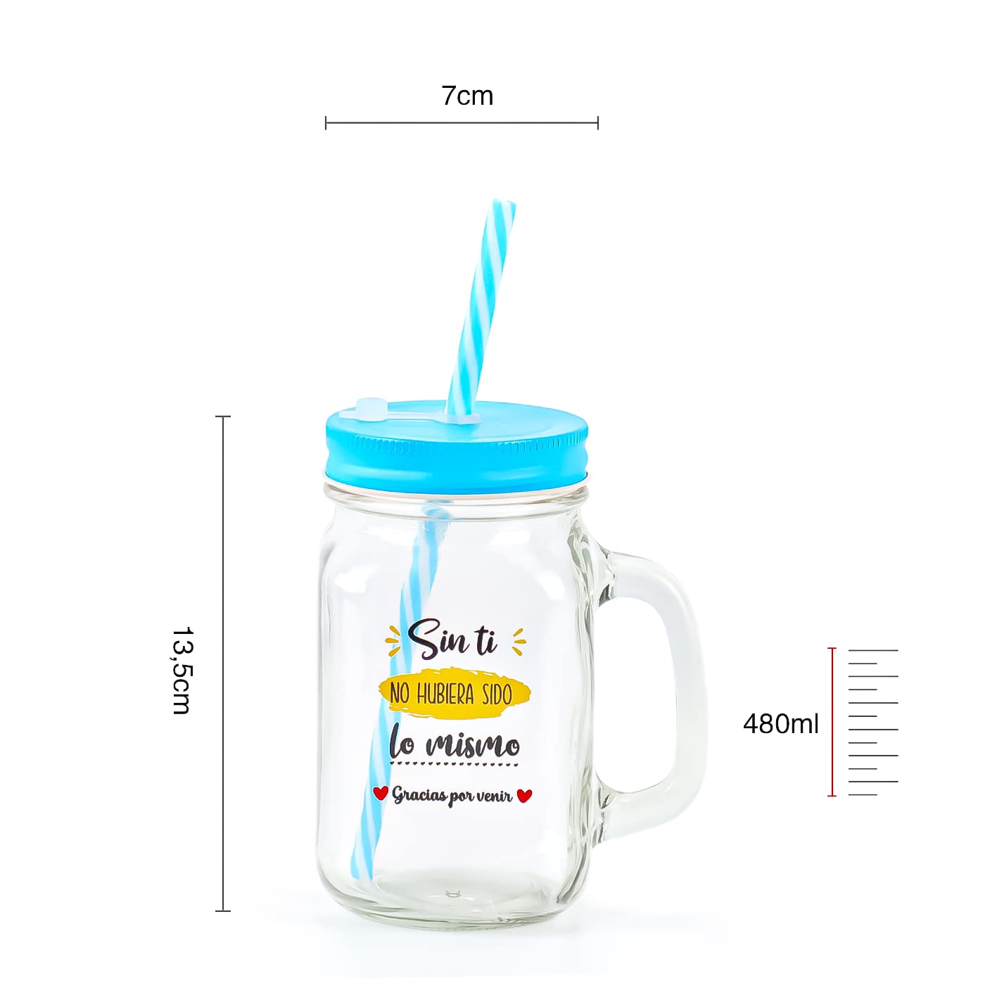 Pack de 6 a 24 uds, Jarras de Cristal con Frases Agradecimiento, Asa y Pajita, 480 ml, 13,5 x 7 cm, Modelos Surtidos No Personalizables, Detalles de Boda para Invitados, Regalantes (24, Surtido)