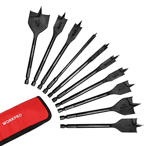 WORKPRO 10-Piece Pro Spade Drill Bit Set- Black Coating, Premium Carbon Steel, Paddle Flat Bits for Woodworking, Assorted Bits 1/4" to 1-1/2" with Sto
