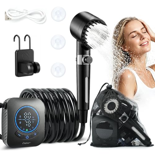 Onirap Portable Camping Shower,IPX8,Filtered Massage Brush Showerhead,Shower Pump Rechargeable 8000mAh Battery,Intelligent LED Display,4 Spray Modes,Outdoor Camping Shower Pump for Hiking,Travel, Pet