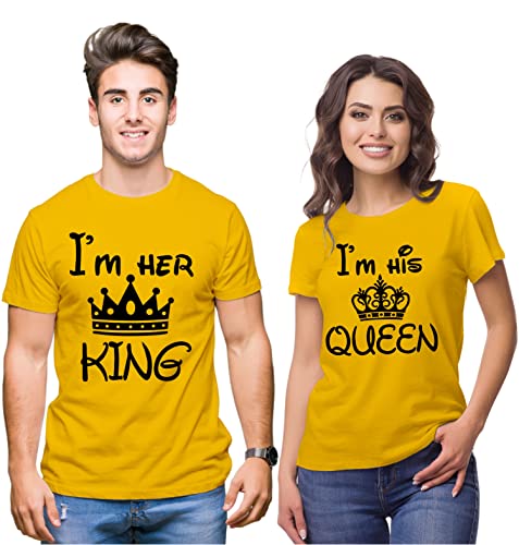 Image of Hangout Hub Hangout-Hub850$P Couple T Shirts for Couples | Printed I Am Her King His Queen T-Shirt for Men Women Couples (Set of 2 | Regulat Fit | Cotton)