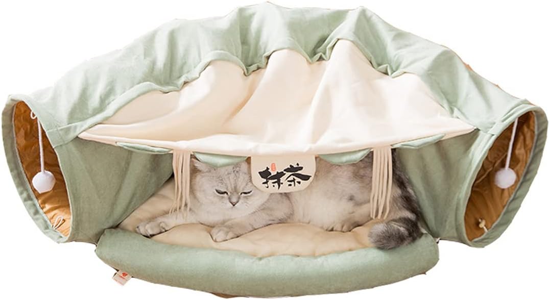 2 in 1 Cat Tunnel Bed Tube with Cushion and Plush Ball Toy Playground Crinkle Collapsible for Large Cats Kittens Kitty Puppy Small Dog Foldable Soft Pet Play Bed Indoor Outdoor - Green Cat Tunnel Bed