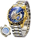 GLENAW Automatic Watches for Men, Blue Rotating Little Earth Blue Dial Men's Mechanical Watch Luminous Hands, 3atm Waterproof Steel Strap Stopwatch (8988-Gold Case)