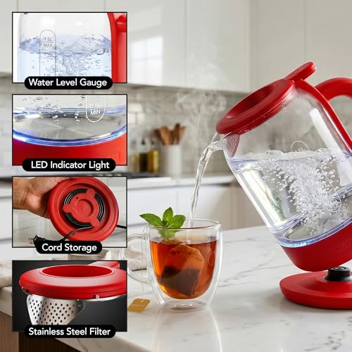 Image of OVENTE 1.5L Glass Electric Kettle Water Boiler, Red KG516R | 1500W Fast Boiling, Easy Fill Lid, Stainless Steel Filter, LED Indicator, Auto Shut-Off, Boil-Dry Protection, 360 Base