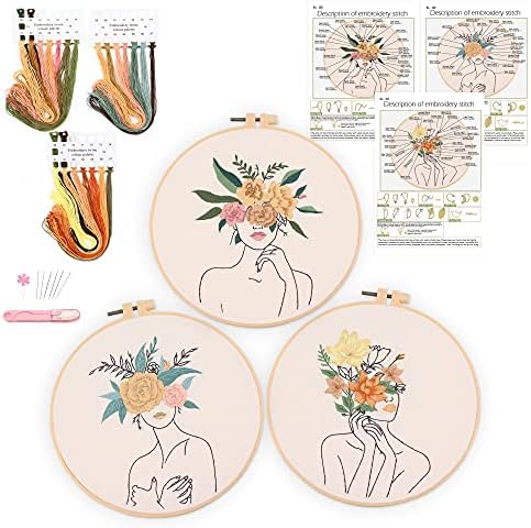 Harimau 3 in Beginner Embroidery Kit,Floral Plant Pattern,Cross Stitch Kits , Including Stamped Embroidery Cloth with 3 Embroidery Hoops, Color Threads and Embroidery Kits