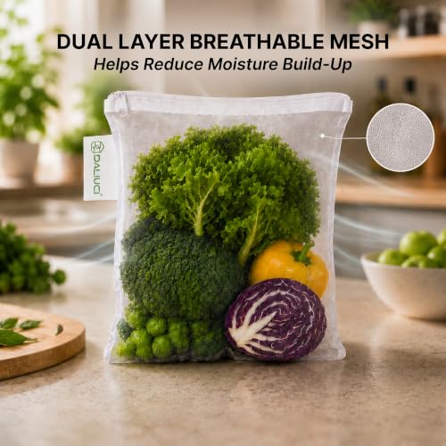 Image of DALUCI Vegetable Bags for Fridge Set of 12 Reusable Fridge Storage Bags for Vegetables and Fruits with Zipper Dual Layer Mesh Vegetable Storage Bags Multi Size Refrigerator Organizer Bags (White)