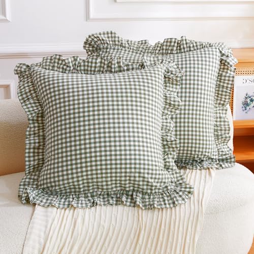 2 Pack Sage Green Euro Sham Covers - 26x26 inches Washed Cotton Ruffle Pillow Cases, Farmhouse Gingham Ruffled Pillow Covers for Bedroom, Living Room (Sage Green/White Plaid, 26x26 inches)