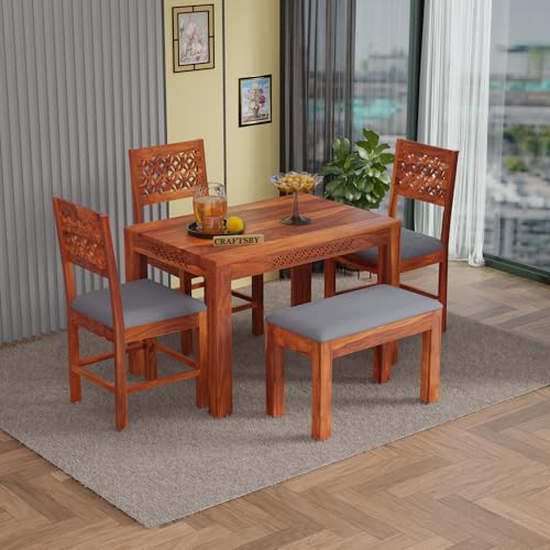 Image of 45 Inch Length Solid Sheesham Wood 4 Seater Dining Table Set | Four Seater Dinner Table with 3 Grey Cushions Chairs & 1 Bench | Dinning Table Set 4 Seater for Living Room | Honey Finish
