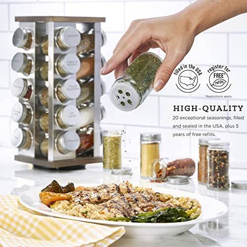 Image of Kamenstein 20 Jar Vintage Revolving Countertop Spice Rack Organizer with Spices Included, FREE Spice Refills for 5 Years, Wood and Stainless Steel with Metal Caps (Pack of 2)